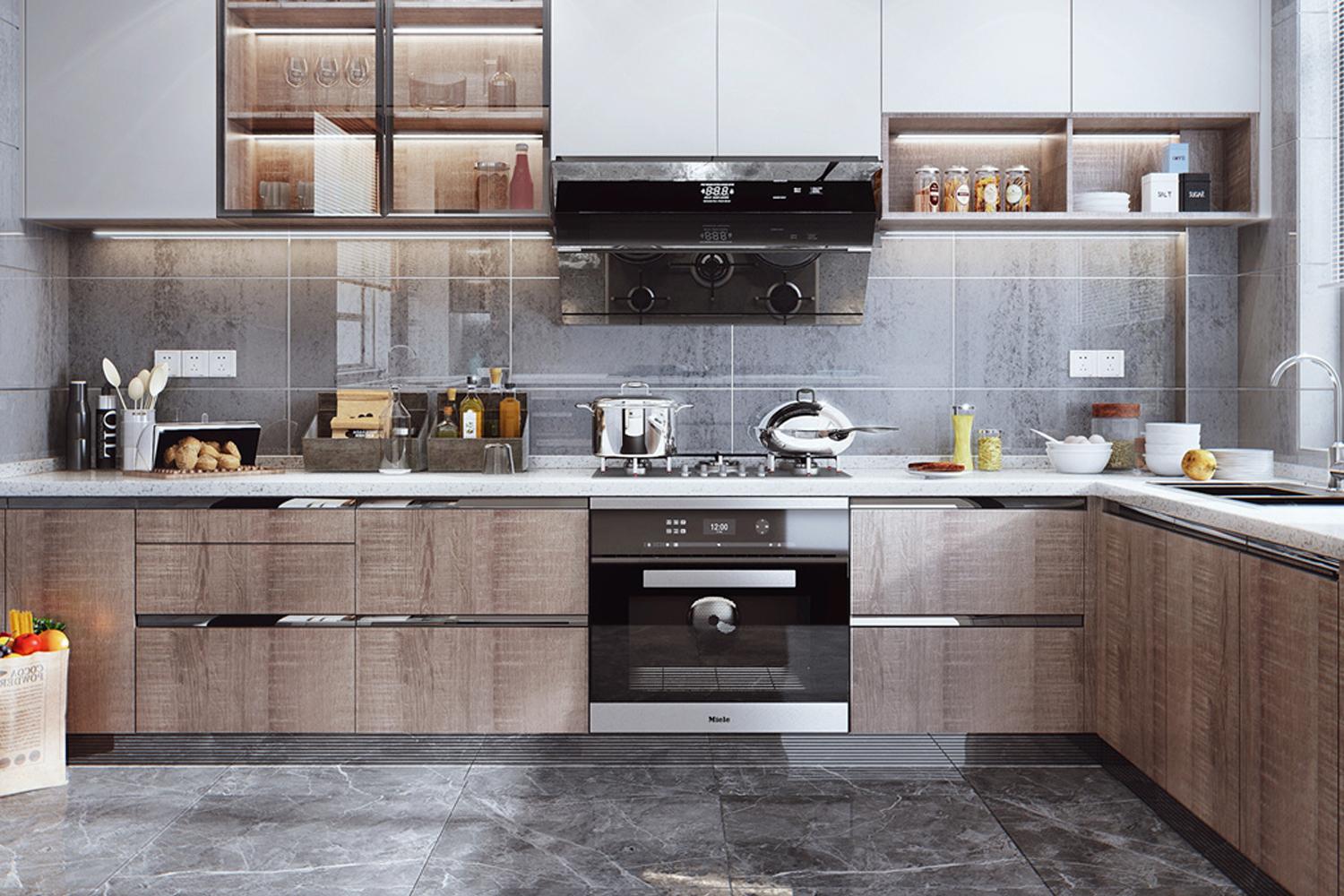 Modern Kitchen Cabinet Veneer Finish Design Functional Storage Space