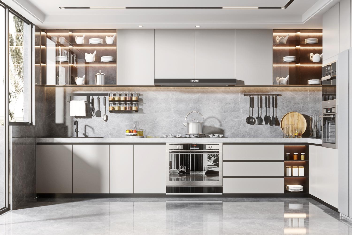 Modern kitchen cabinet high glossy lacquer finish with reflective surface and L-shaped design cabinet layout maximizing corner kitchen space