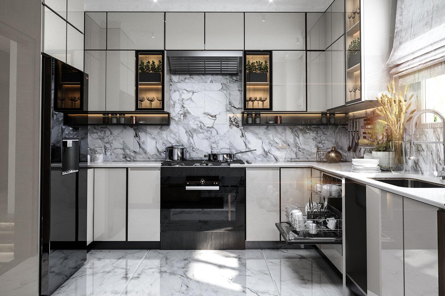 Modern Kitchen Cabinets High Gloss Lacquer Finish Useful Design Durable Kitchen Set