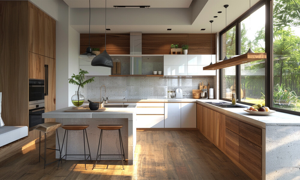 A modern kitchen featuring warm wood veneer cabinetry in an L-shaped layout, complemented by a luxurious marble central island. The natural wood tones bring warmth and texture to the space, while the marble island adds an elegant, high-end touch. The combination of modern design, premium materials, and functional layout creates a stylish and inviting environment for cooking, dining, and entertaining.
