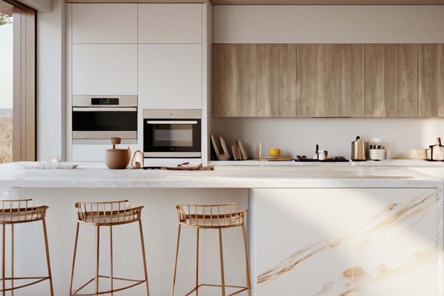 A refined one-wall kitchen featuring high-end wood veneer base cabinets and white lacquered upper cabinets, with a central island that adds a touch of luxury and practicality to the space.