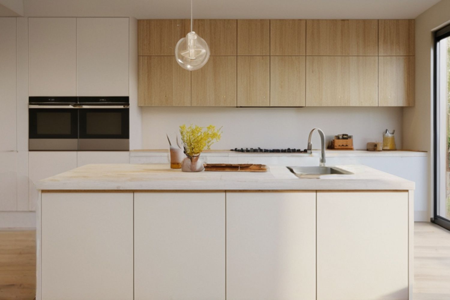 A modern one-wall kitchen featuring a combination of high-quality wood veneer base cabinets and sleek white lacquered upper cabinets, complemented by a central island for added workspace and style.
