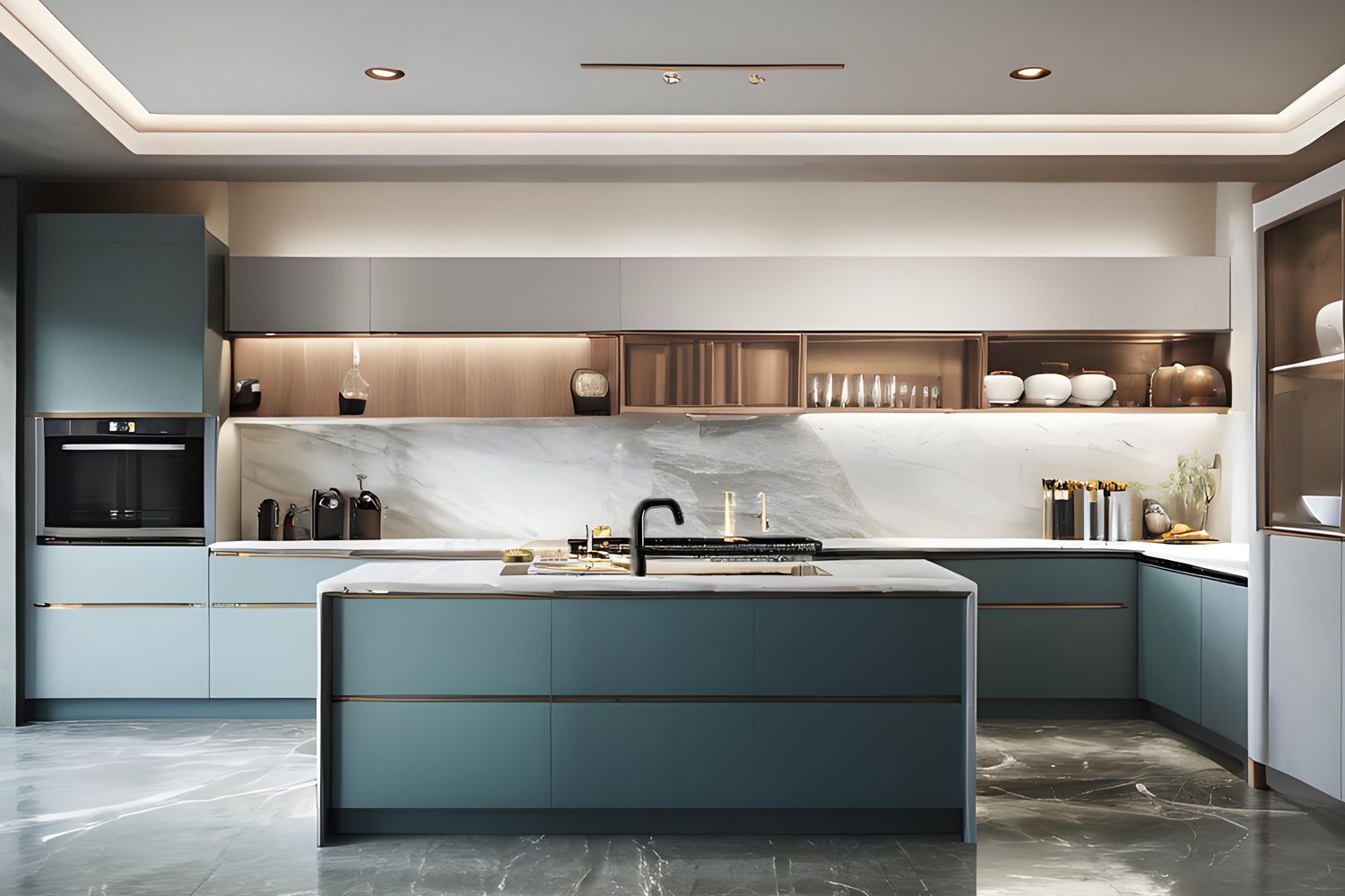Contemporary kitchen design with luxurious blue lacquer finish on L-shaped cabinetry and a spacious central island, creating a vibrant and sophisticated cooking space.