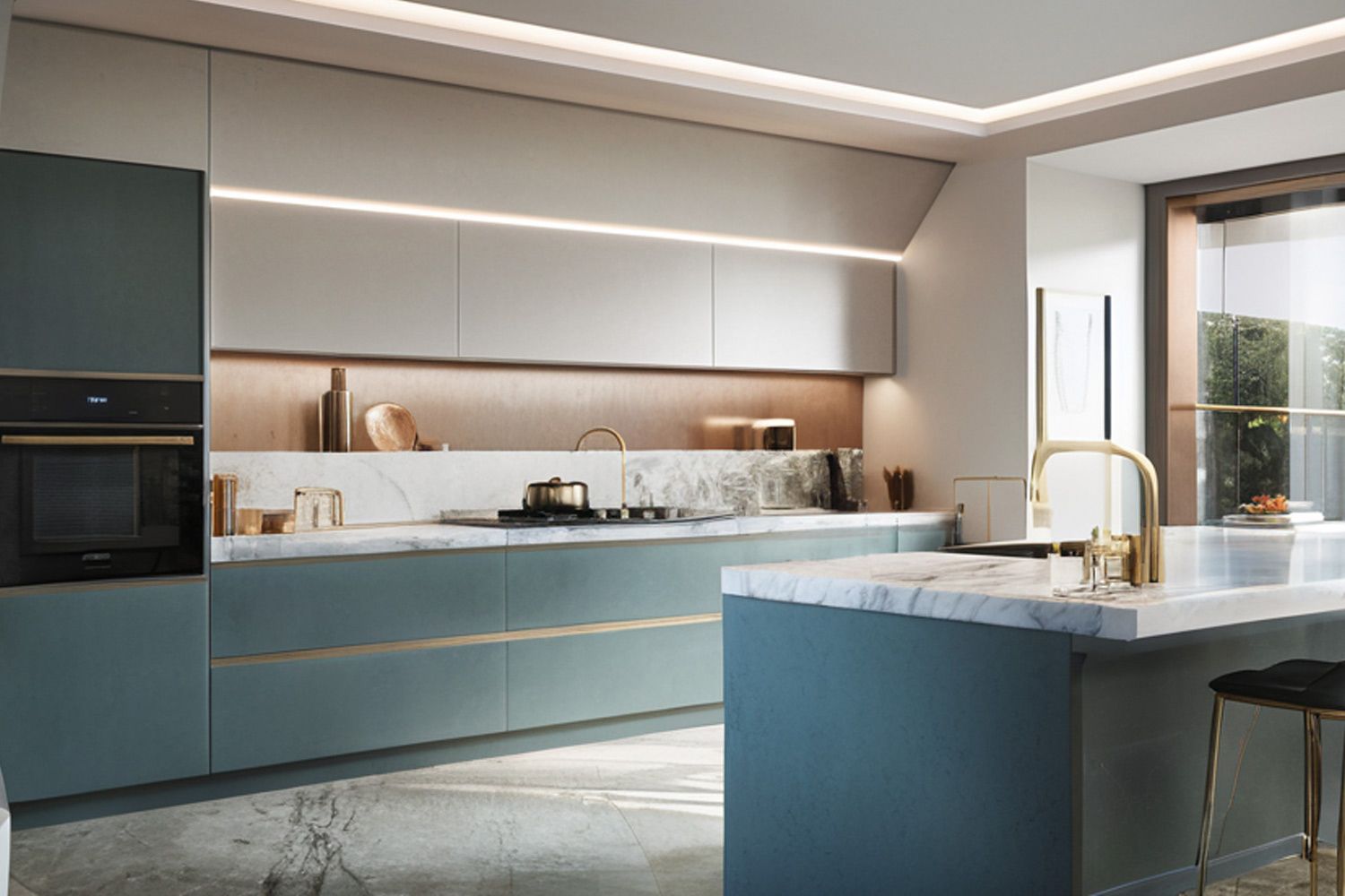 A premium L-shaped kitchen layout with sleek blue lacquer cabinets and a central island, offering a chic and inviting atmosphere.