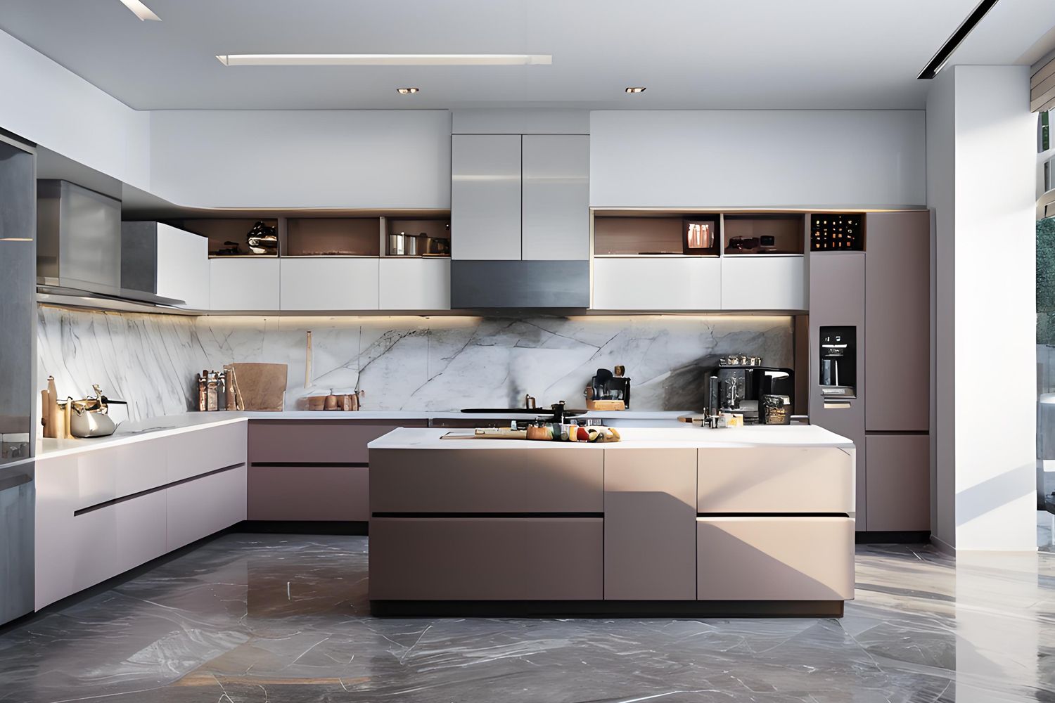 Modern one-line kitchen design with luxurious lacquered cabinets and a central island, offering a stylish and practical cooking environment.