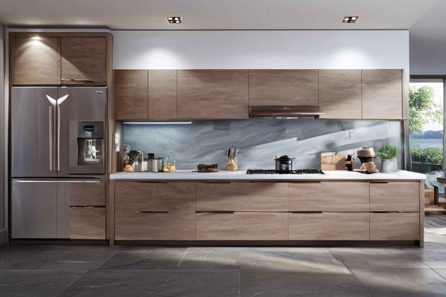 The image showcases a stylish one-wall kitchen with high-quality wood veneer cabinets and a central island. The rich wood texture brings warmth and elegance to the modern design, while the central island provides additional workspace and storage, creating a functional and sophisticated kitchen environment.