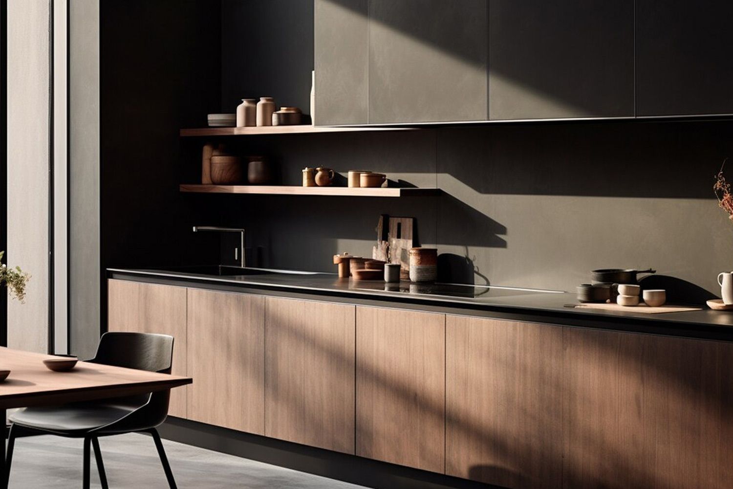 The image displays a one-wall kitchen with high-quality wood veneer cabinetry. The warm, natural wood tones bring a touch of elegance and warmth to the space, while the clean lines and minimalist design create a contemporary aesthetic. The premium finishes and efficient layout make this kitchen both stylish and functional for everyday use.
