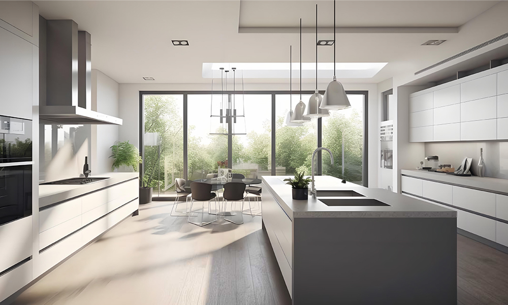 A modern U-shaped kitchen with white lacquered cabinetry and a white countertop central island. The bright, crisp white tones of the cabinets and island create a fresh, open feel, complemented by a sleek, minimalist design that enhances the contemporary style of the space.