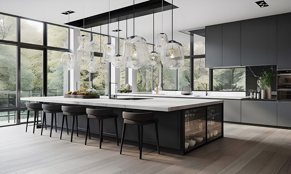 A modern one-wall kitchen featuring sleek black lacquered cabinetry and a white countertop central island. The contrasting dark cabinets and bright island create a bold, minimalist design with a clean, contemporary aesthetic.