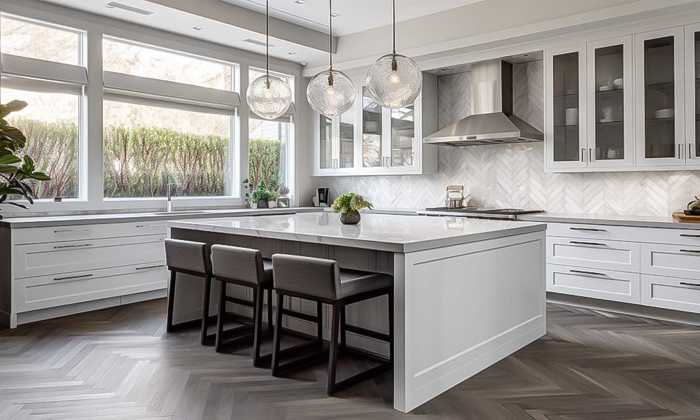 A modern L-shaped kitchen featuring light gray lacquered cabinetry and a central island. The soft gray finish of the cabinets gives the space a sophisticated and contemporary feel, while the island provides additional counter space and serves as a stylish and functional centerpiece in the kitchen.