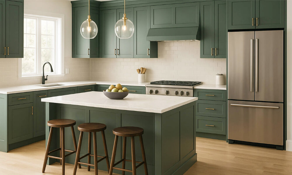A modern kitchen featuring glossy green lacquer cabinets in an L-shape layout, complemented by a central island. The vibrant green cabinetry adds a bold and refreshing touch to the space, while the L-shape design optimizes the flow and functionality of the kitchen. The central island serves as both a workspace and a gathering area, enhancing the kitchen’s practicality and social atmosphere. The clean lines and glossy finish create a sleek, contemporary look, perfect for a stylish and functional cooking environment.