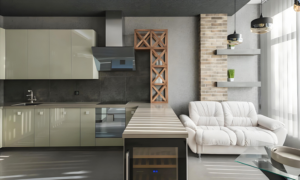 A close-up view of an L-shaped kitchen featuring glossy lacquered cabinets. The high-shine finish of the cabinetry adds a sleek, modern touch, while the L-shaped layout maximizes both functionality and visual appeal in the space.