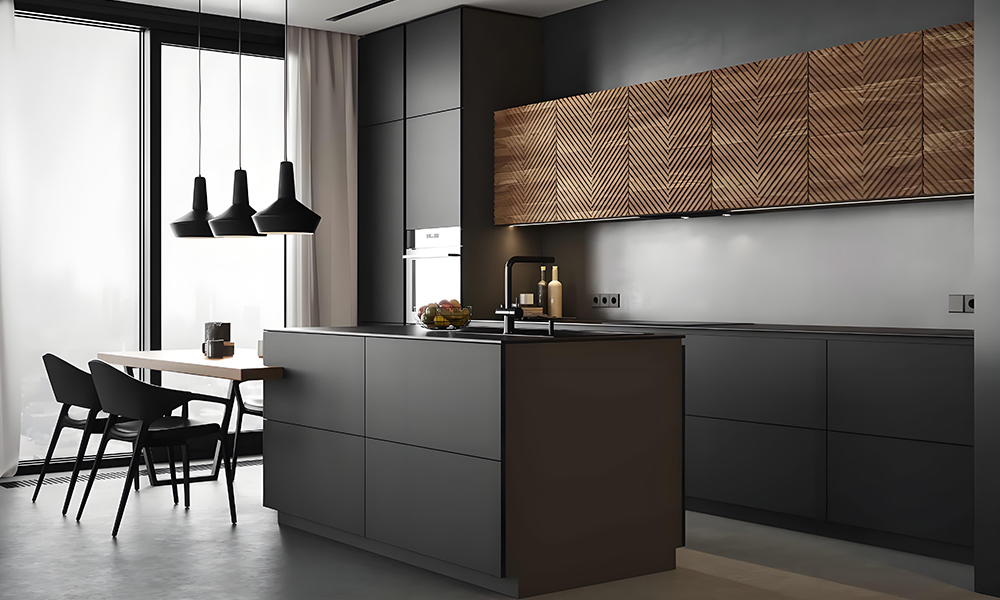 A modern kitchen featuring deep gray cabinetry and a central island. The rich gray tones of the cabinets create a sleek, sophisticated atmosphere, while the island adds both functionality and a stylish focal point, enhancing the contemporary design of the space.