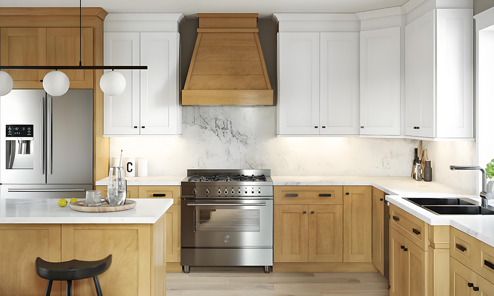 Kitchen Cabinet Polished Veneer Finish Water Resistant Elegant Style Durable No-Slam Drawers for Family Kitchens