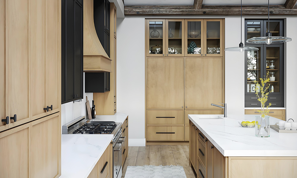 A close-up of a kitchen featuring wood veneer cabinets and a white marble central island. The rich texture of the wood contrasts beautifully with the sleek, light marble, creating an elegant and inviting atmosphere, while highlighting the stylish and functional design of the space.