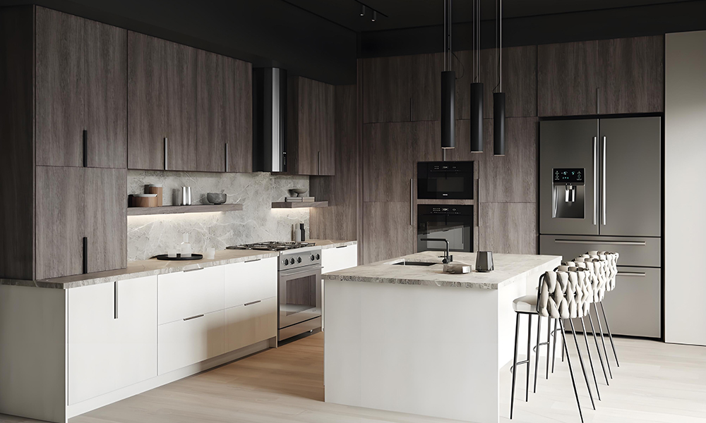 A contemporary kitchen featuring wood veneer cabinets paired with a white marble central island. The combination of natural wood and elegant marble creates a harmonious balance of warmth and sophistication, with the island serving as both a functional and stylish centerpiece.