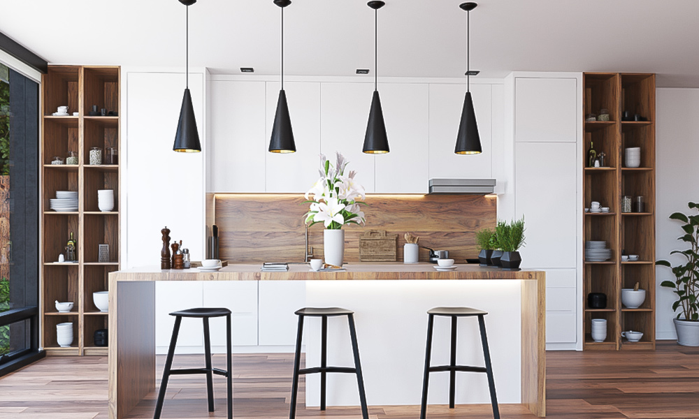 A one-wall kitchen with white cabinetry and a central island, showcasing a sleek, modern design. The white color scheme creates a bright and airy atmosphere, while the island provides additional workspace and a stylish focal point.