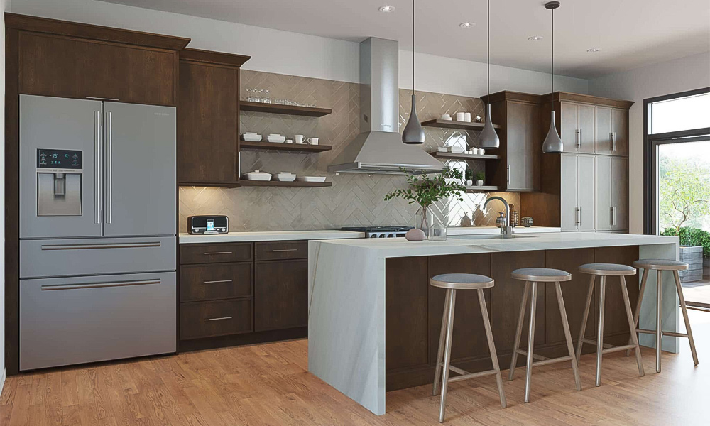 Modern kitchen featuring custom cabinets with an anti-scratch veneer surface, arranged in a functional layout. The design includes no-slam drawers for smooth, quiet use, offering a stylish and practical solution for family kitchens. Light wood tones and sleek lines create a clean, contemporary look.
