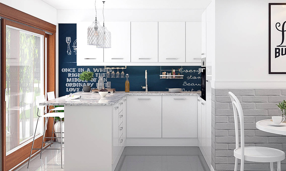 A modern U-shaped kitchen with white lacquer cabinets, offering a clean and sleek look. The design incorporates a stunning marble countertop that enhances the overall elegance of the space. The white lacquer finish on the cabinets contrasts beautifully with the natural veining of the marble, creating a sophisticated and timeless appeal. This functional layout maximizes both storage and countertop space, making it ideal for cooking and entertaining.