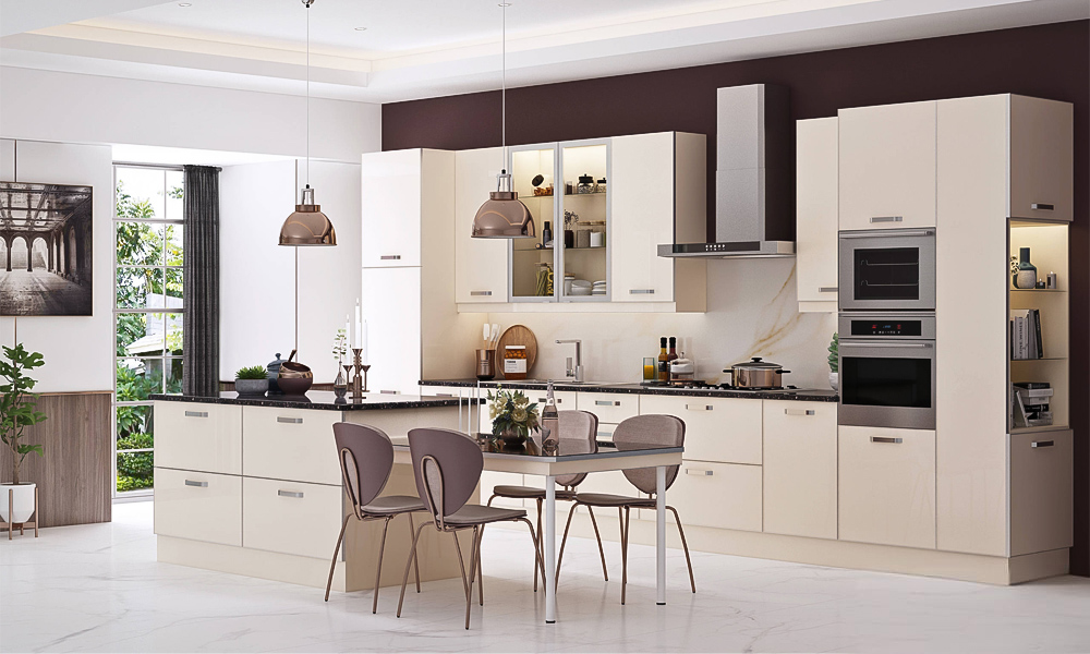 A modern L-shaped kitchen featuring white lacquer cabinets with a sleek, glossy finish. The kitchen is complemented by luxurious marble countertops and a central island, providing both style and functionality. The bright white cabinetry enhances the clean, contemporary aesthetic, while the marble surfaces add elegance and durability. The central island offers additional workspace and serves as a focal point in this open kitchen layout.