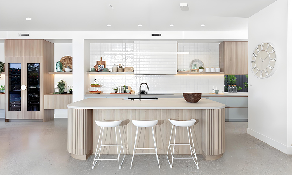 A modern one-wall kitchen featuring wood veneer upper cabinets and glossy lacquer base cabinets, complemented by a sleek central island. The clean lines, natural wood tones, and reflective lacquer surfaces create a stylish and functional cooking space with a contemporary aesthetic.