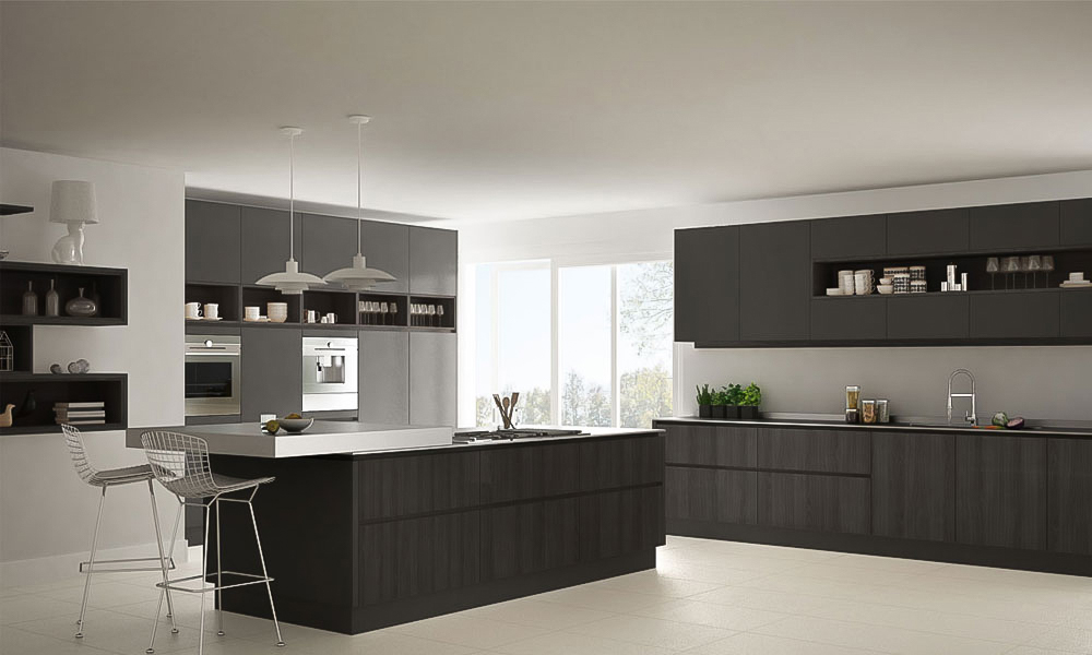 A modern one-wall kitchen with black matte lacquer cabinets and a central island, showcasing a bold and elegant design with sleek lines and a contemporary aesthetic.