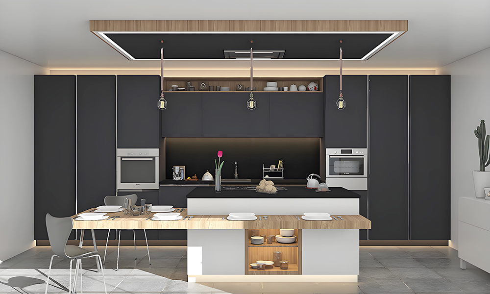 A sleek one-wall kitchen with dark matte lacquer cabinets and a central island, showcasing a sophisticated modern design with clean lines and a bold, elegant atmosphere.