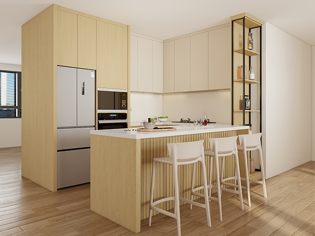 Space-saving open kitchen design with modern finishes and storage solutions