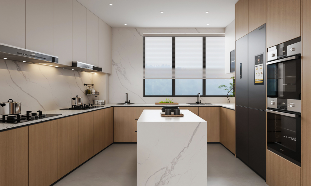 Custom kitchen cabinet layout plan featuring L-shaped modern kitchen cabinets for maximum storage efficiency.