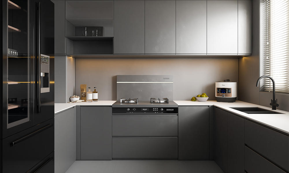 Grey slab kitchen cabinets paired with marble countertops in a modern home.