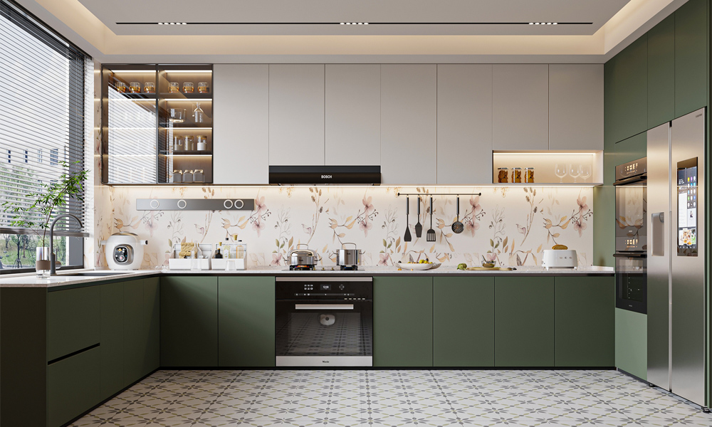 Luxury Melbourne villa kitchen featuring modern PET finish kitchen cabinets, Italian quartz countertops, integrated LED lighting, and RTA cabinet shipping for fast, precise installation in a high-end residential project.