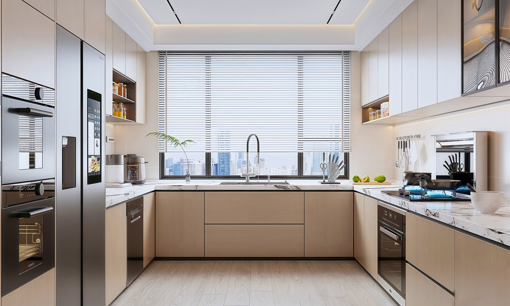 Kitchen Cabinet UV Protected Veneer Finish Modern Style Soft Closing Drawers for Smart Kitchen