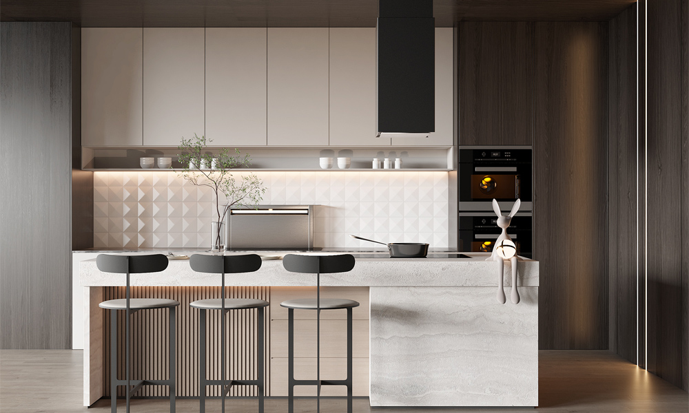 Natural white wood AUS kitchen cabinet designs in an open-plan home.