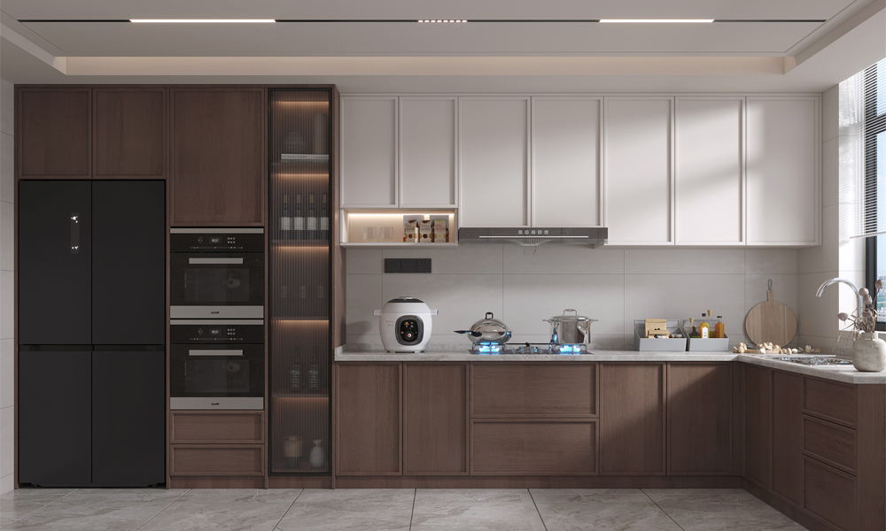 Kitchen Cabinet Smooth Veneer Finish Multi Level Storage Seamless Paneling Designed for Contemporary Homes