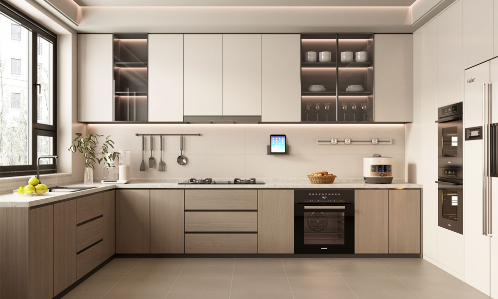 Modern Kitchen Cabinet Veneer Finish Aesthetics and Touch Control Drawers for Luxury Apartments
