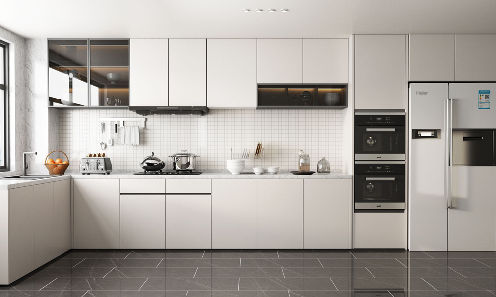 Minimalist white kitchen cabinet with matte finish maximizing storage.