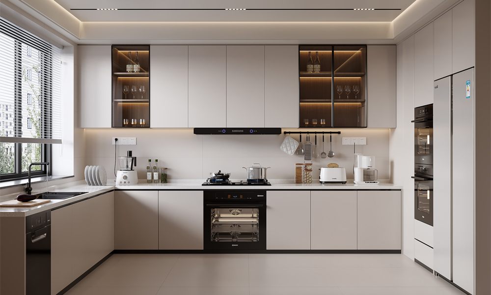 Chinese Modural kitchen cabinet customized for Middle Eastern developers, featuring large-scale project design, soft-close drawers, and moisture-resistant materials