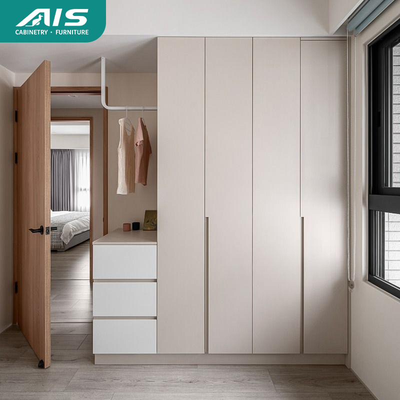 Built in wardrobes with custom shelving, drawers, and hanging rails.