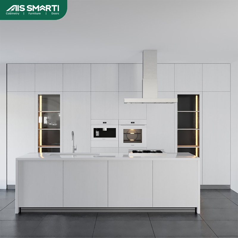 Transitional farmhouse-inspired interior with classic white kitchen cabinets, subway tile backsplash, and wooden island for rustic charm.Modern kitchen cabinets in light wood veneer for a warm minimalist look