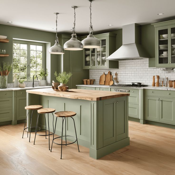 Green kitchen cabinets design with white quartz counters and brushed brass pulls