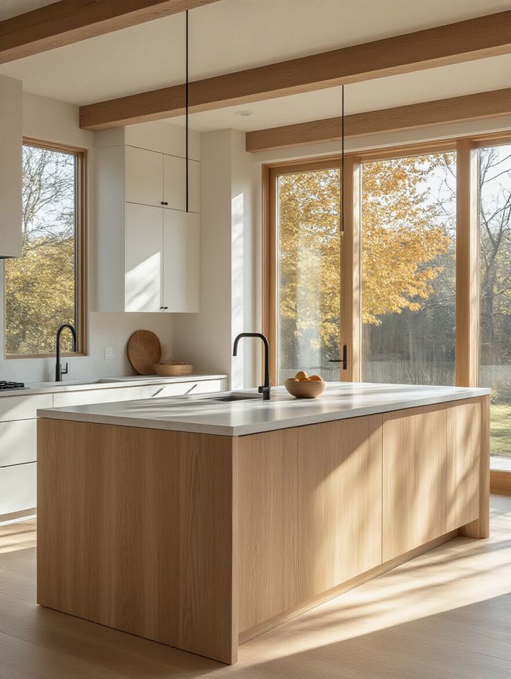 Two-tone design: white uppers and light oak kitchen cabinets on base units