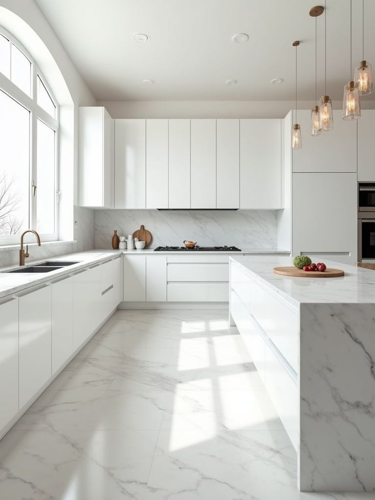 White Kitchen Cabinet with bold marble backsplash