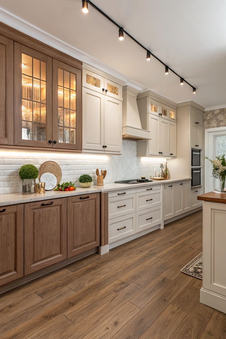 White oak kitchen design featuring island seating, pendant lighting, and built-in appliances