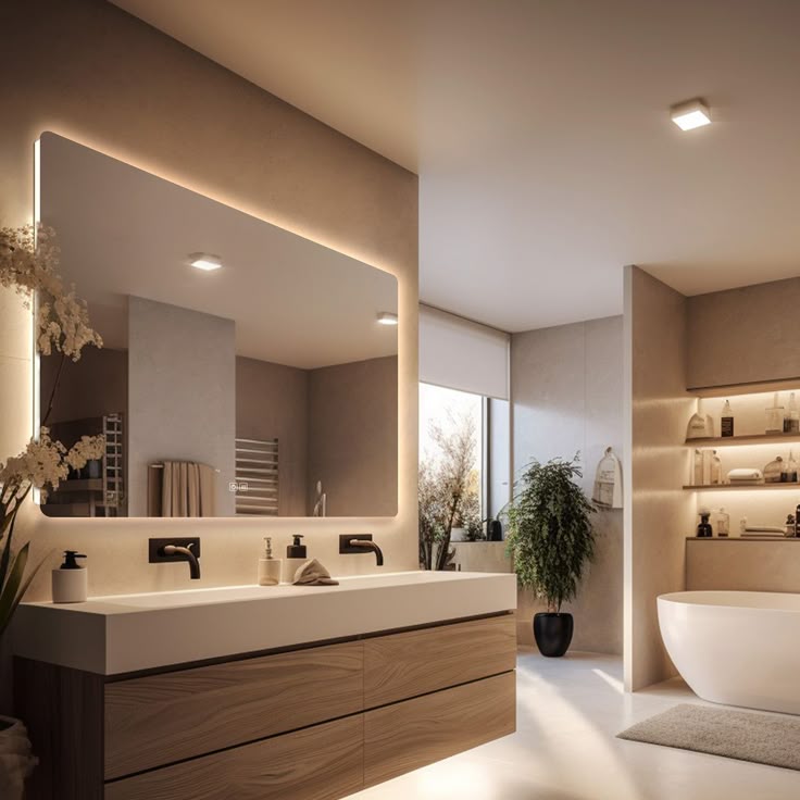 Spa-style master bathroom with freestanding tub, walk-in shower and luxury finishes