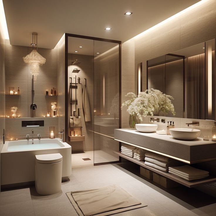 Spa-style master bathroom with freestanding tub, walk-in shower and luxury finishes
