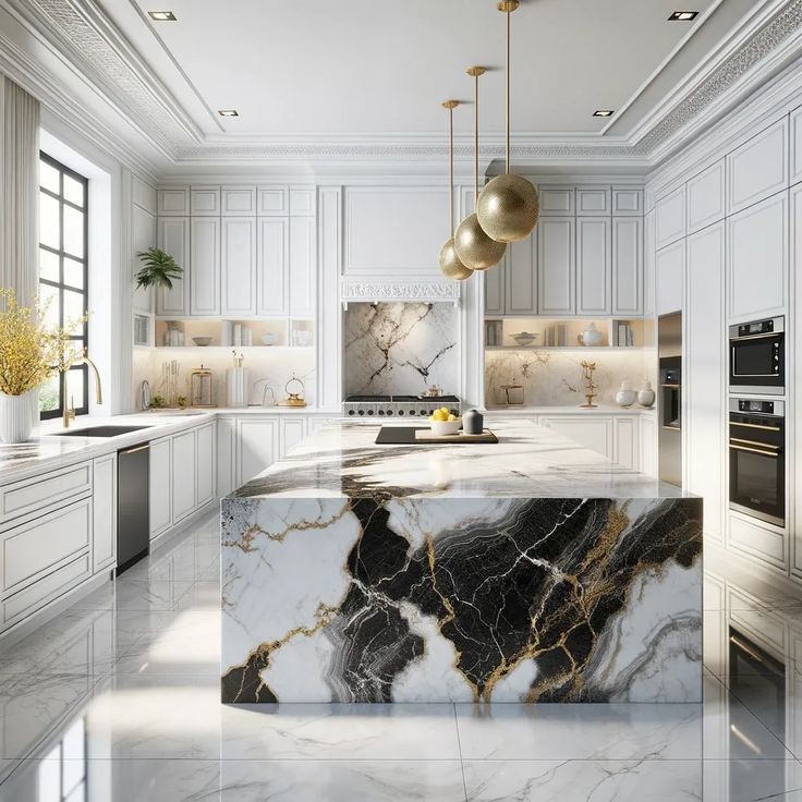 Polished granite countertops with natural veining in a luxury kitchen.