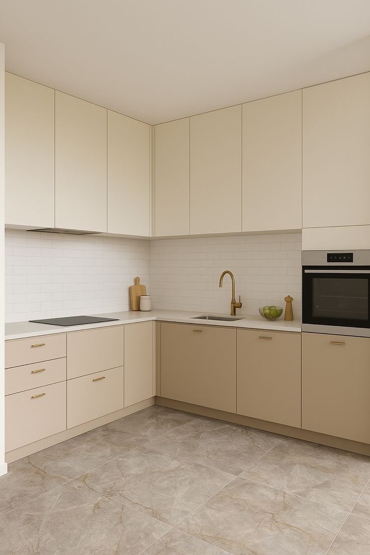 2026 modern kitchen with Cream Kitchen Cabinets, quartz countertops and brass hardware