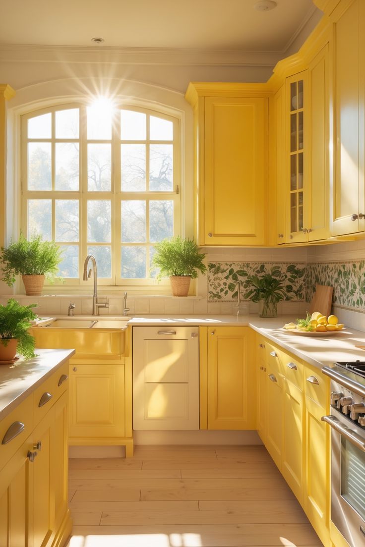 AIS Cabinet yellow open kitchen shelves with dishes and decor.