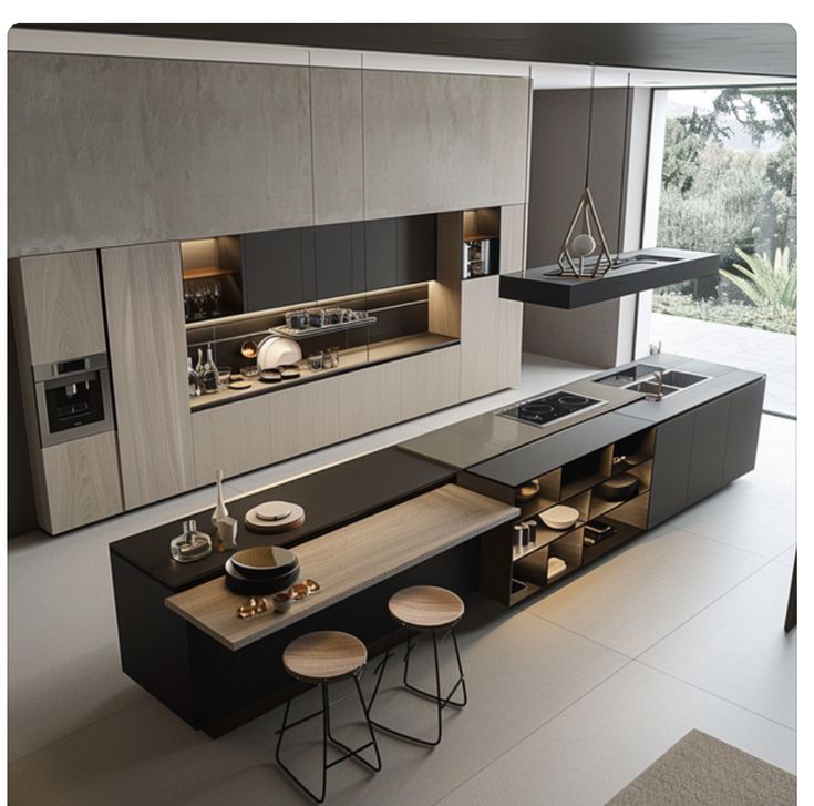 AIS Cabinet Luxury marble kitchen island with dramatic veining and pendant lighting.