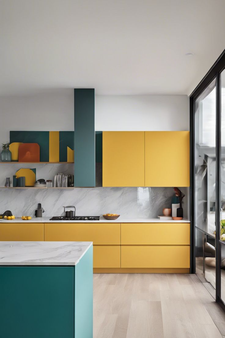 AIS Cabinet modern mustard yellow kitchen cabinets with black hardware.